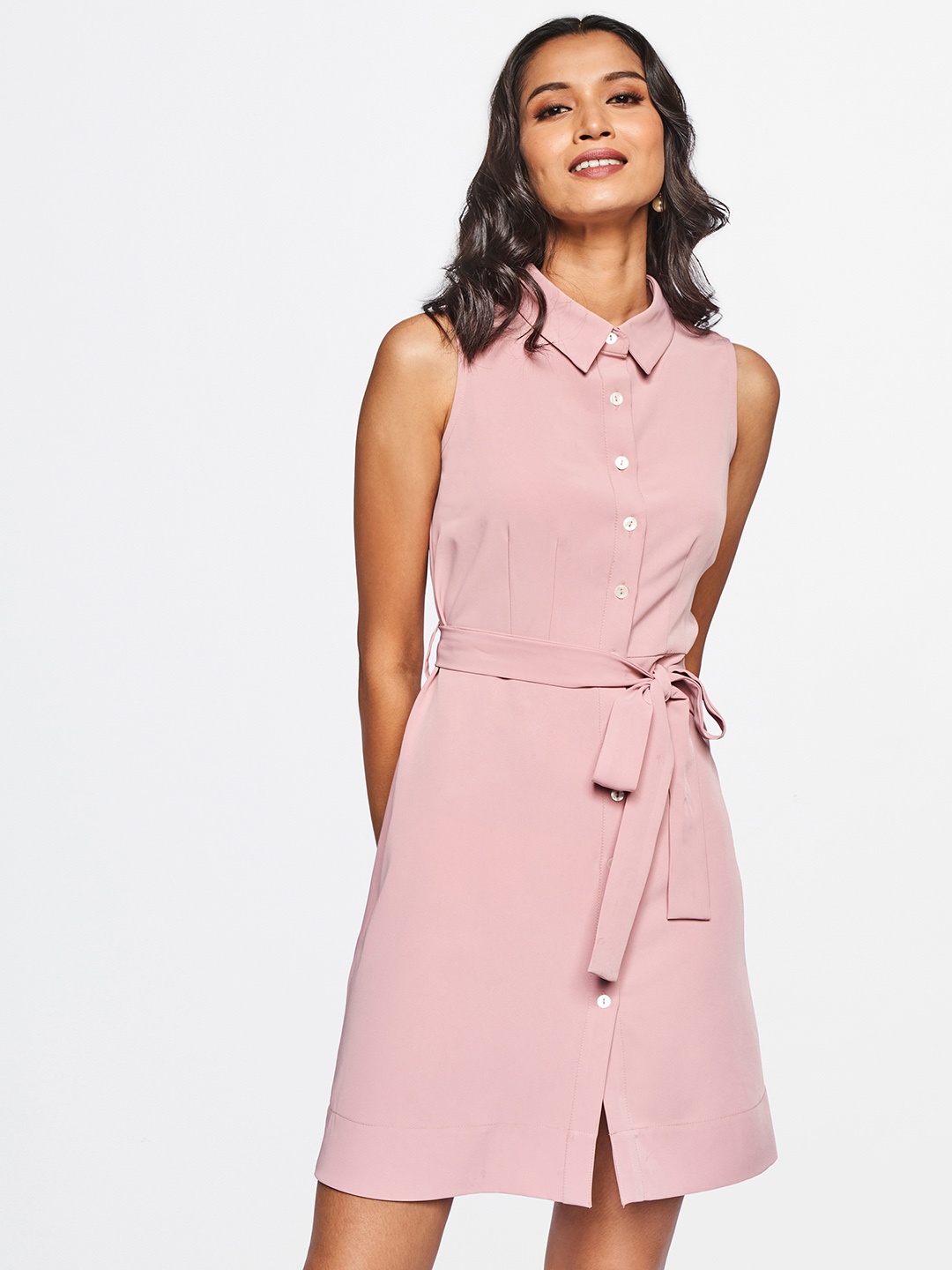 

AND Women Pink Solid Shirt Dress with Belt
