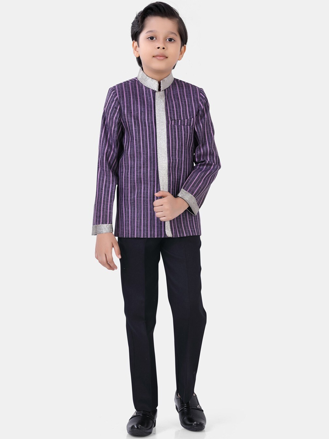 

ROBO FRY Boys Purple Linen Self Design 2 Piece Party Suit Set