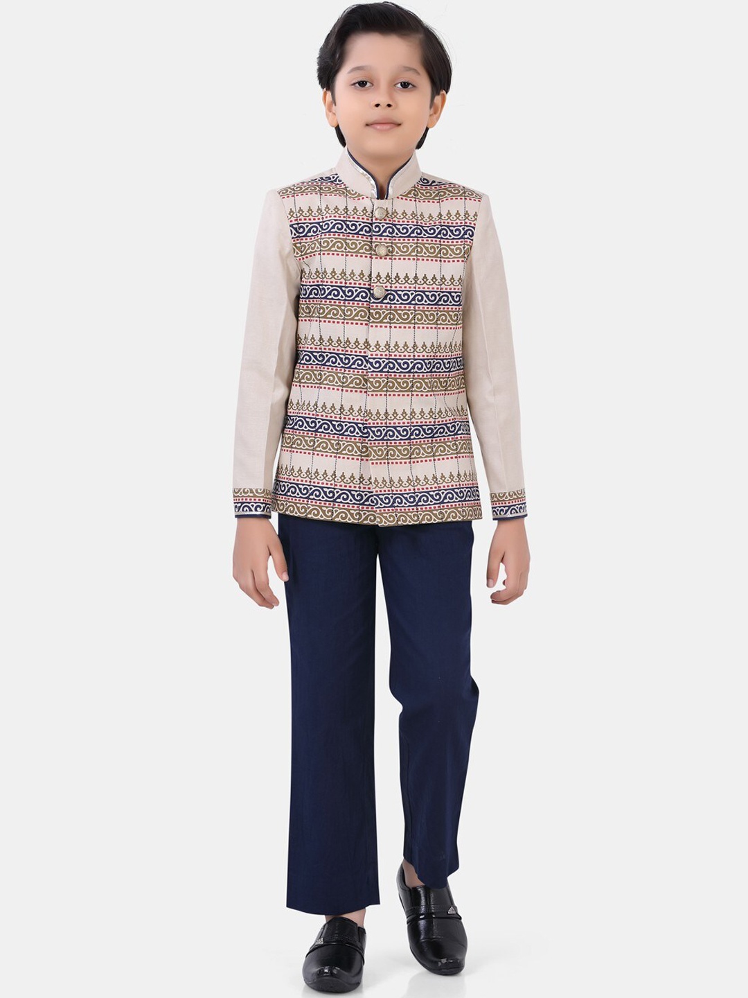 

ROBO FRY Boys Beige Printed Jodhpuri Style Linen Party Wear Suits