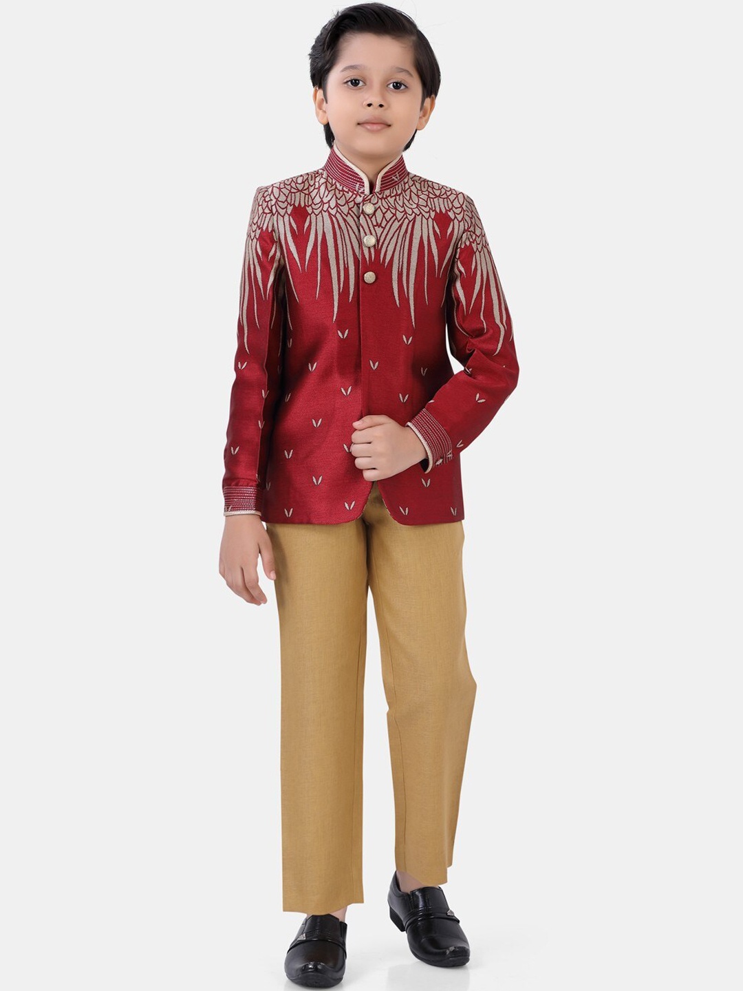 

ROBO FRY Boys Red & Beige Linen Self Design Single-Breasted Two Piece Suits
