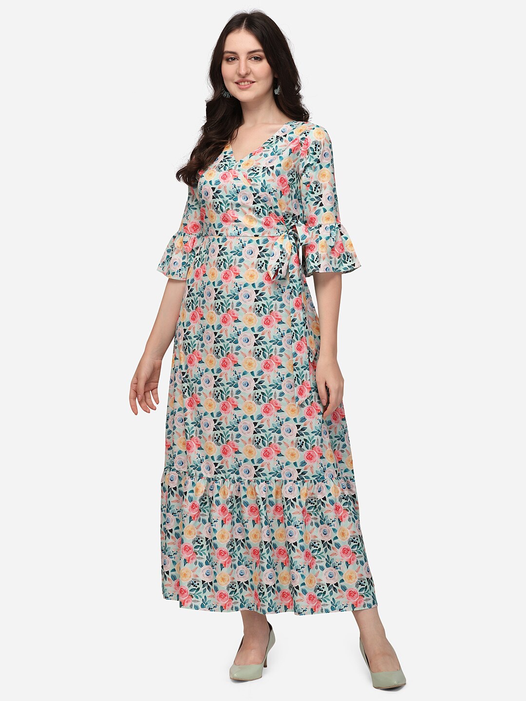 

Berrylicious Women Green & Pink Floral Georgette Ethnic Maxi Dress