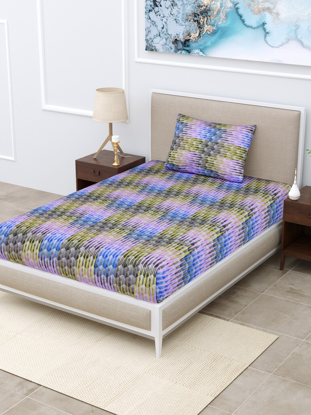

BOMBAY DYEING Blue & Yellow 120 TC Single Bedsheet with 1 Pillow Covers
