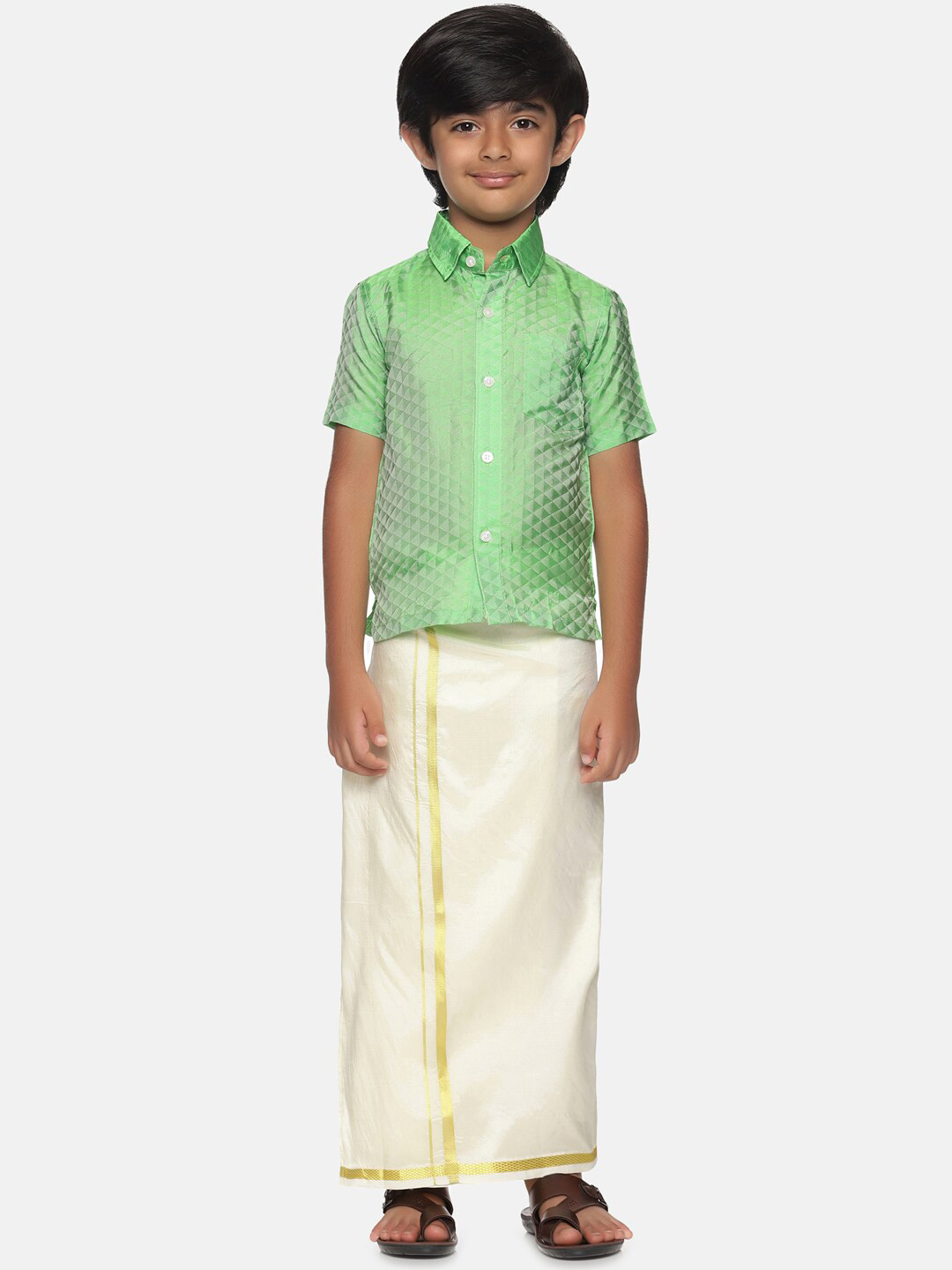 

Sethukrishna Boys Green & Off White Shirt with Dhoti