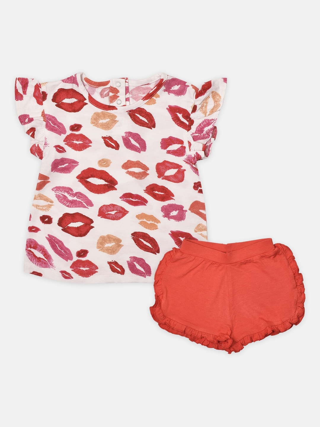 

Softsens Girls White & Red Printed Ruffled Top with Shorts