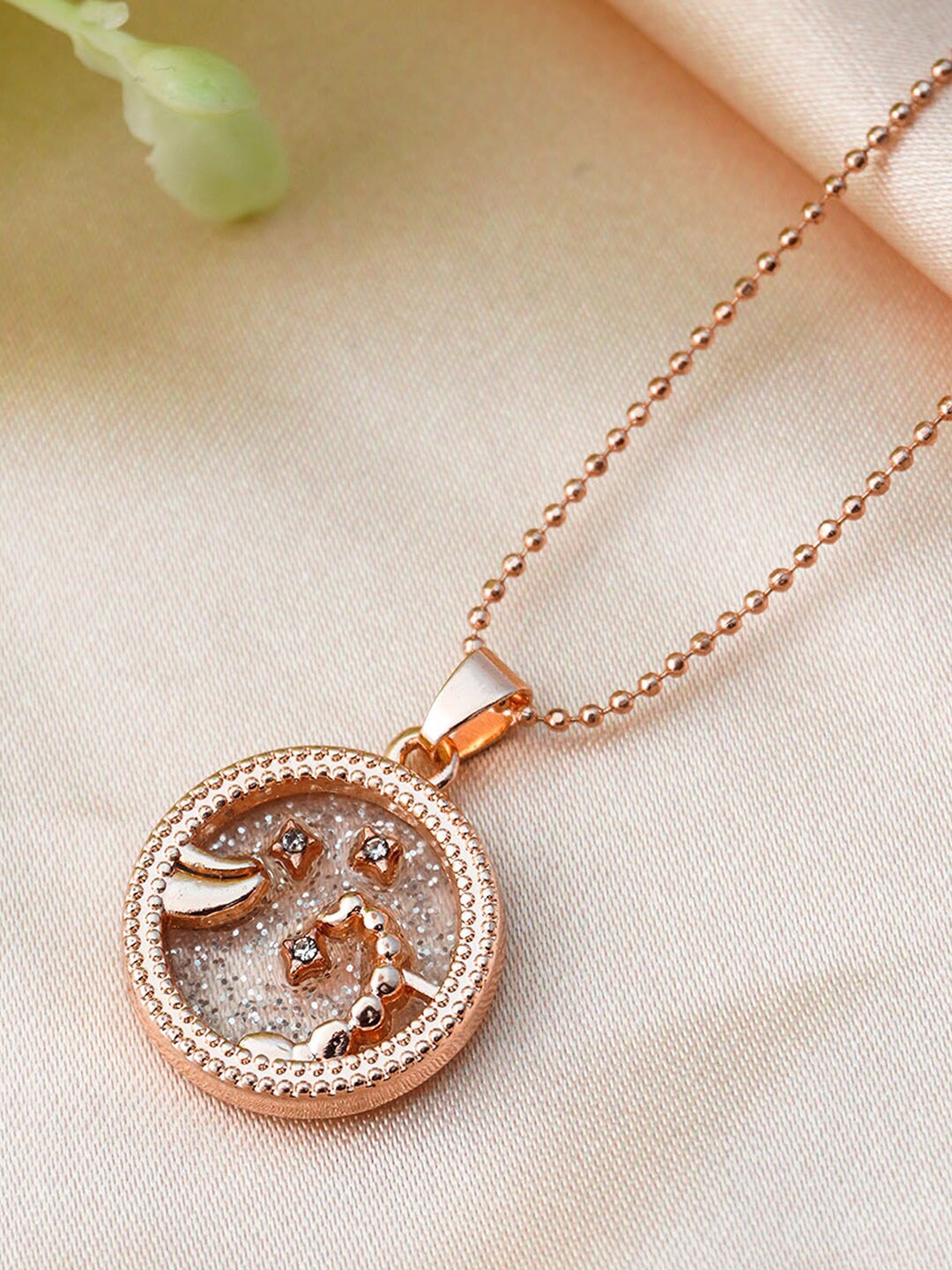 

Ferosh Rose Gold-Toned & White Stone-Studded Scorpio Zodiac Charm Pendant With Chain