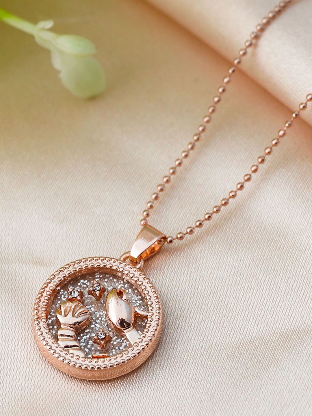 

Ferosh Rose Gold-Plated White Stone Studded Pendant With Chain