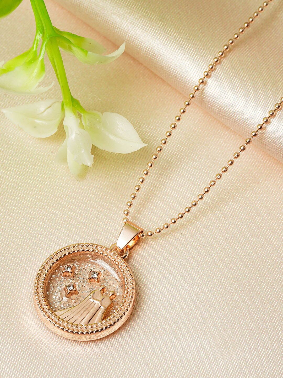 

Ferosh Rose Gold Plated & White Studded Gemini Pendant Necklace