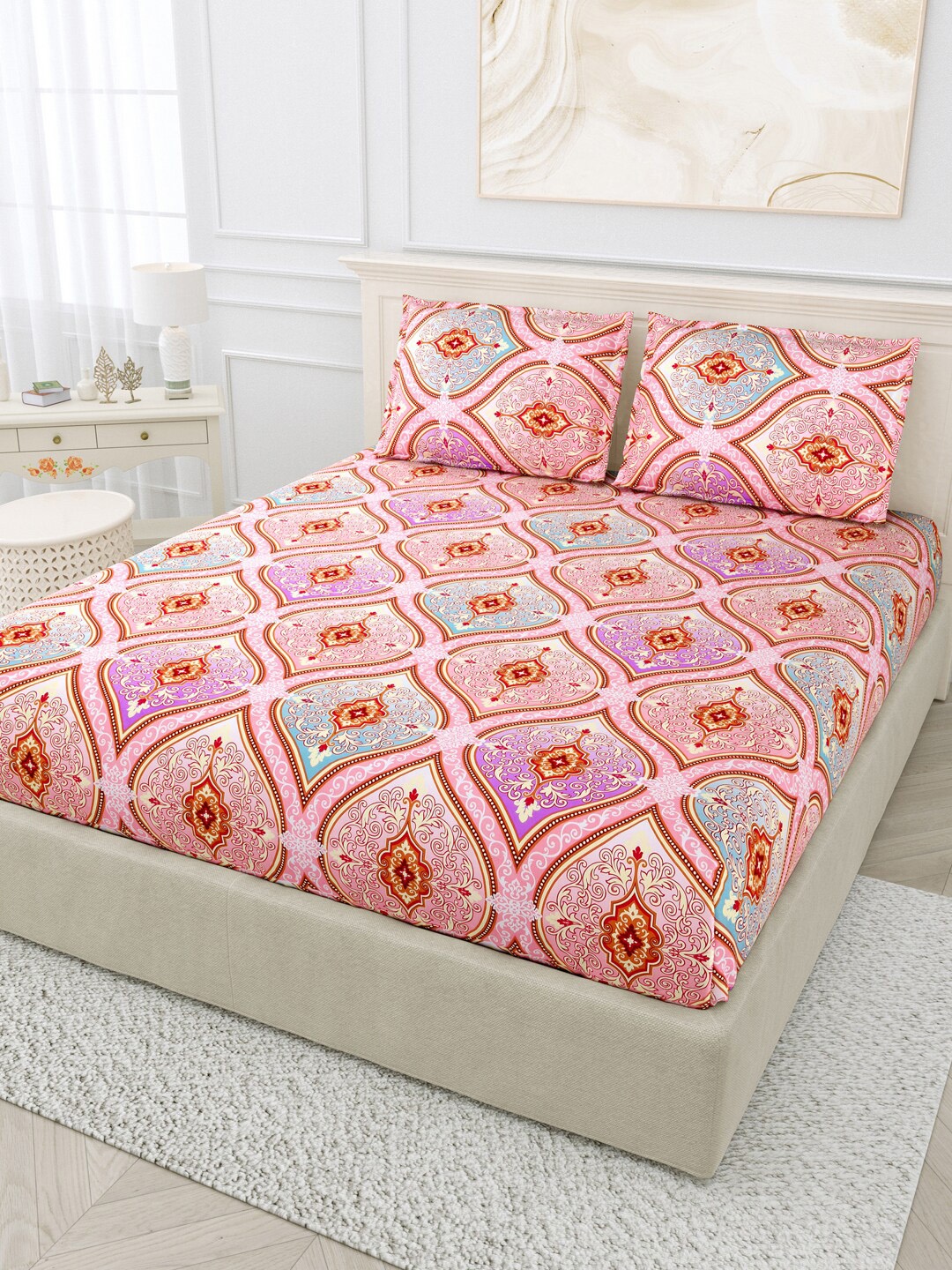 

BOMBAY DYEING Peach-Coloured & Green Floral 120 TC King Bedsheet with 2 Pillow Covers