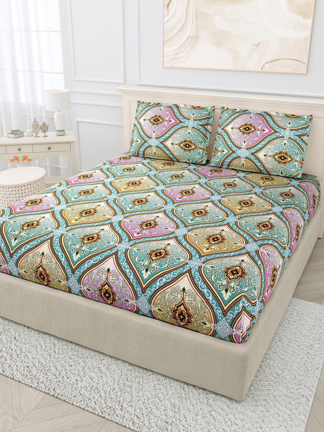 

BOMBAY DYEING Purple & Blue Floral 120 TC King Bedsheet with 2 Pillow Covers