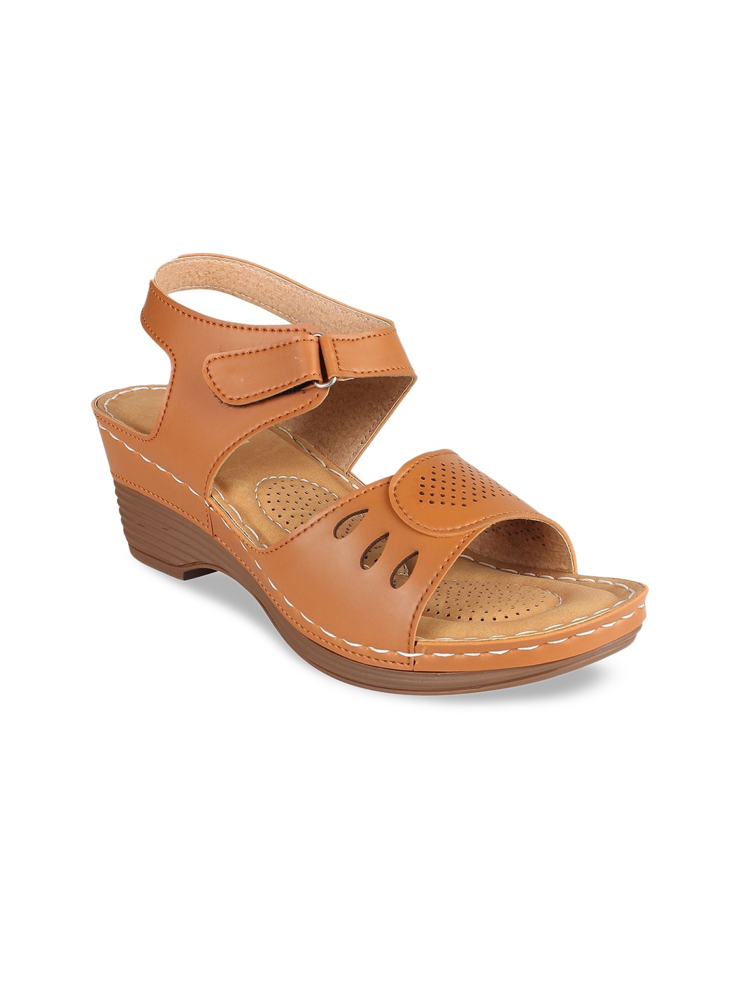 

XE Looks Tan Solid Wedge Sandals with Laser Cuts