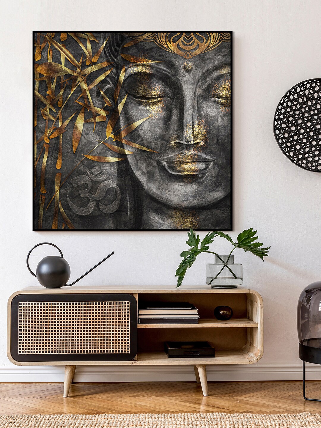 

HomeTown Black & Gold Buddha Face Glossy Painting Wall Art