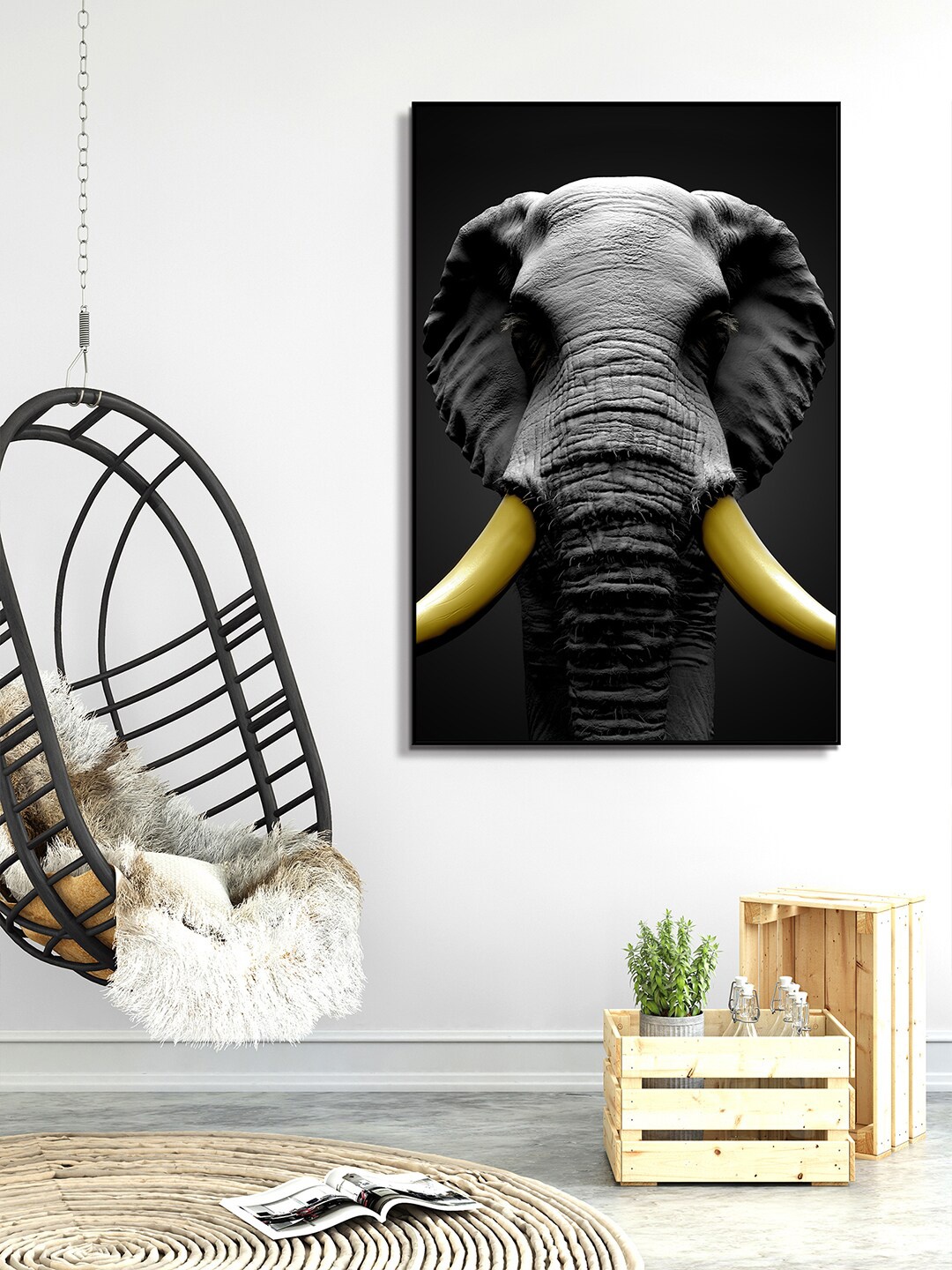 

HomeTown Black & White Simon Elephant Tusk Glossy Painting Wall Art