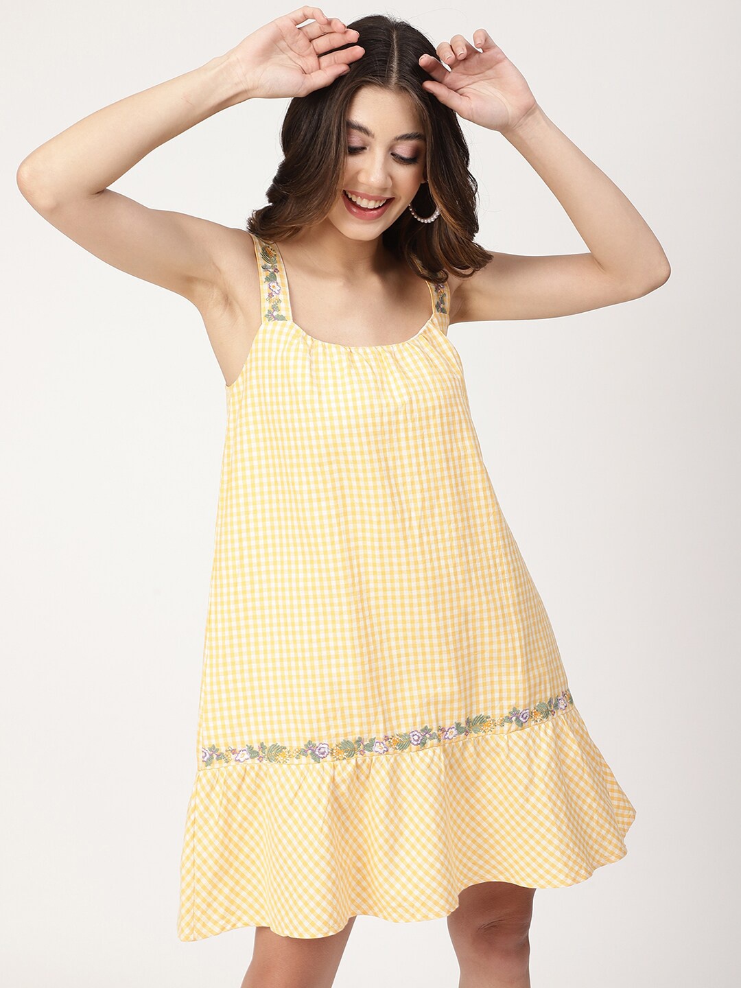 

ELLE Women Yellow Checked Cotton A-Line Dress