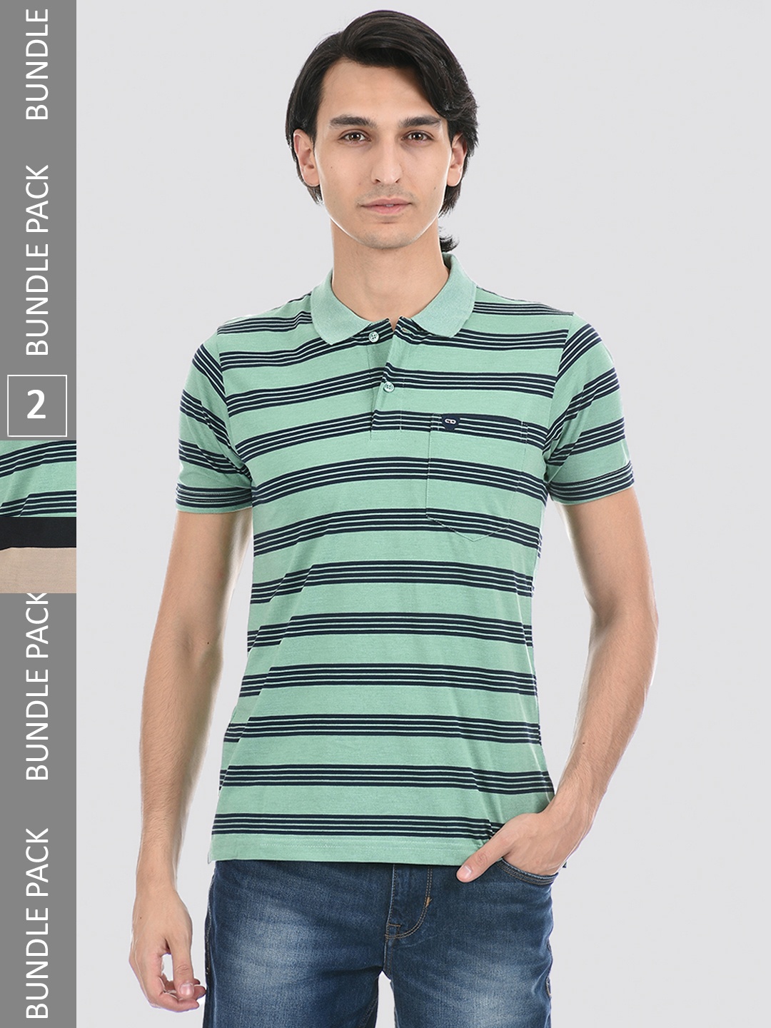 

Cloak & Decker by Monte Carlo Men Black & subtle green Striped Polo Collar T-shirt