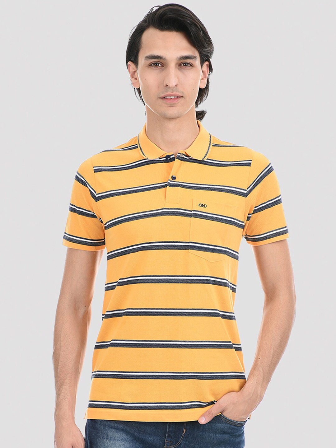 

Cloak & Decker by Monte Carlo Men Yellow & sunset gold Striped Polo Collar T-shirt
