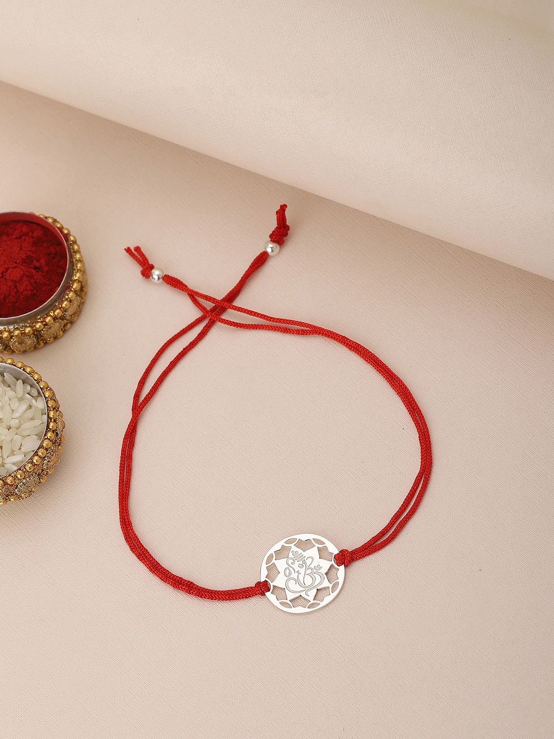 

Carlton London Men Silver-Toned & Red Ethnic 925 Sterling Silver Rakhi