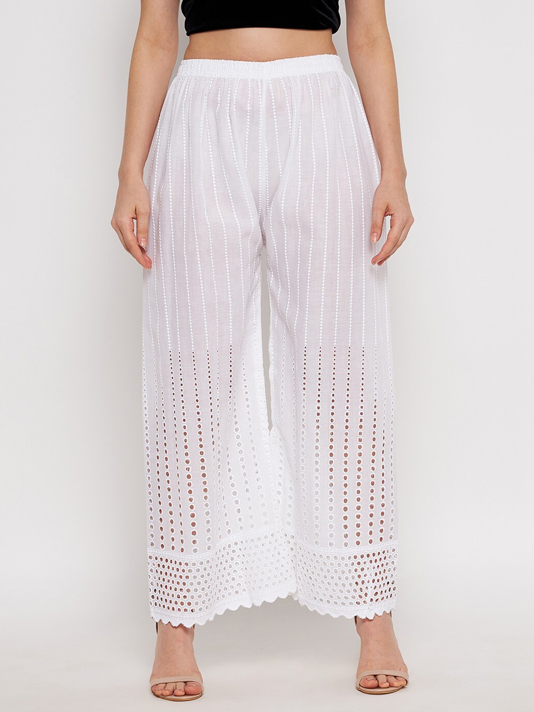 

Clora Creation Women White Floral Embroidered Ethnic Palazzos