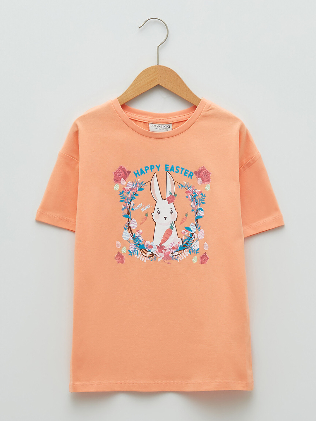 

LC Waikiki Girls Peach-Coloured & Blue Floral & Bunny Printed Pure Cotton T-shirt