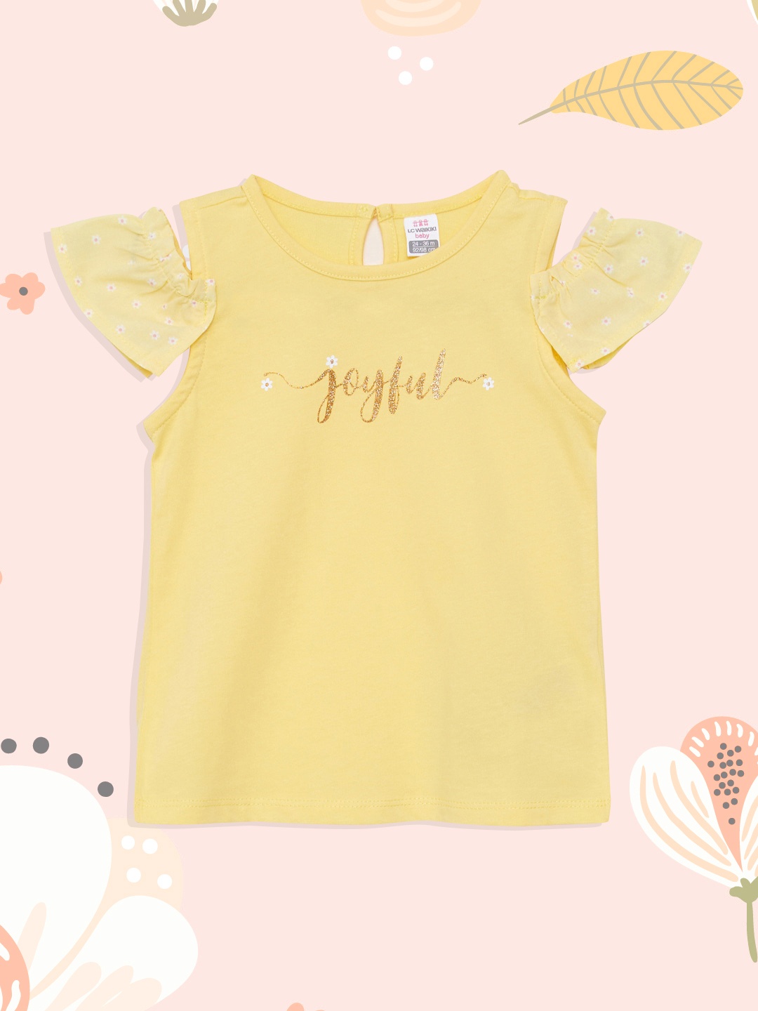 

LC Waikiki Girls Yellow & Golden Typography Print Pure Cotton Cold-Shoulder Sleeves Top