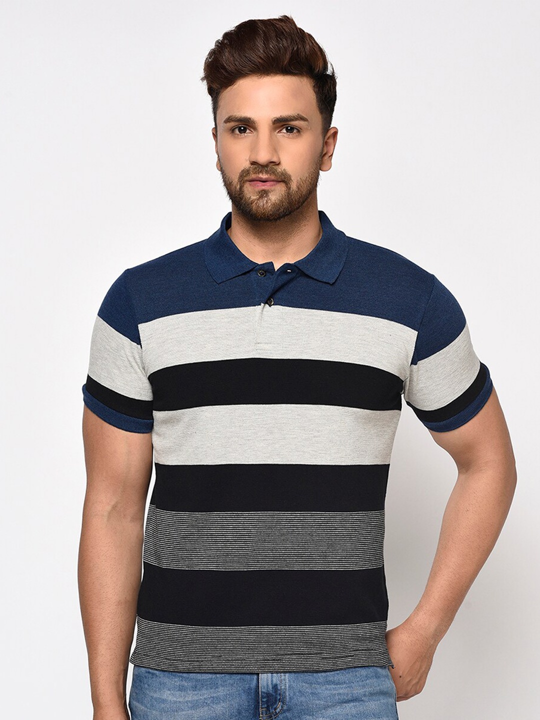 

Oakmans Men Navy Blue Striped Polo Collar T-shirt
