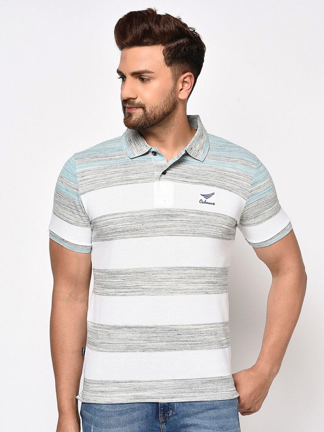 

Oakmans Men White Striped Polo Collar T-shirt