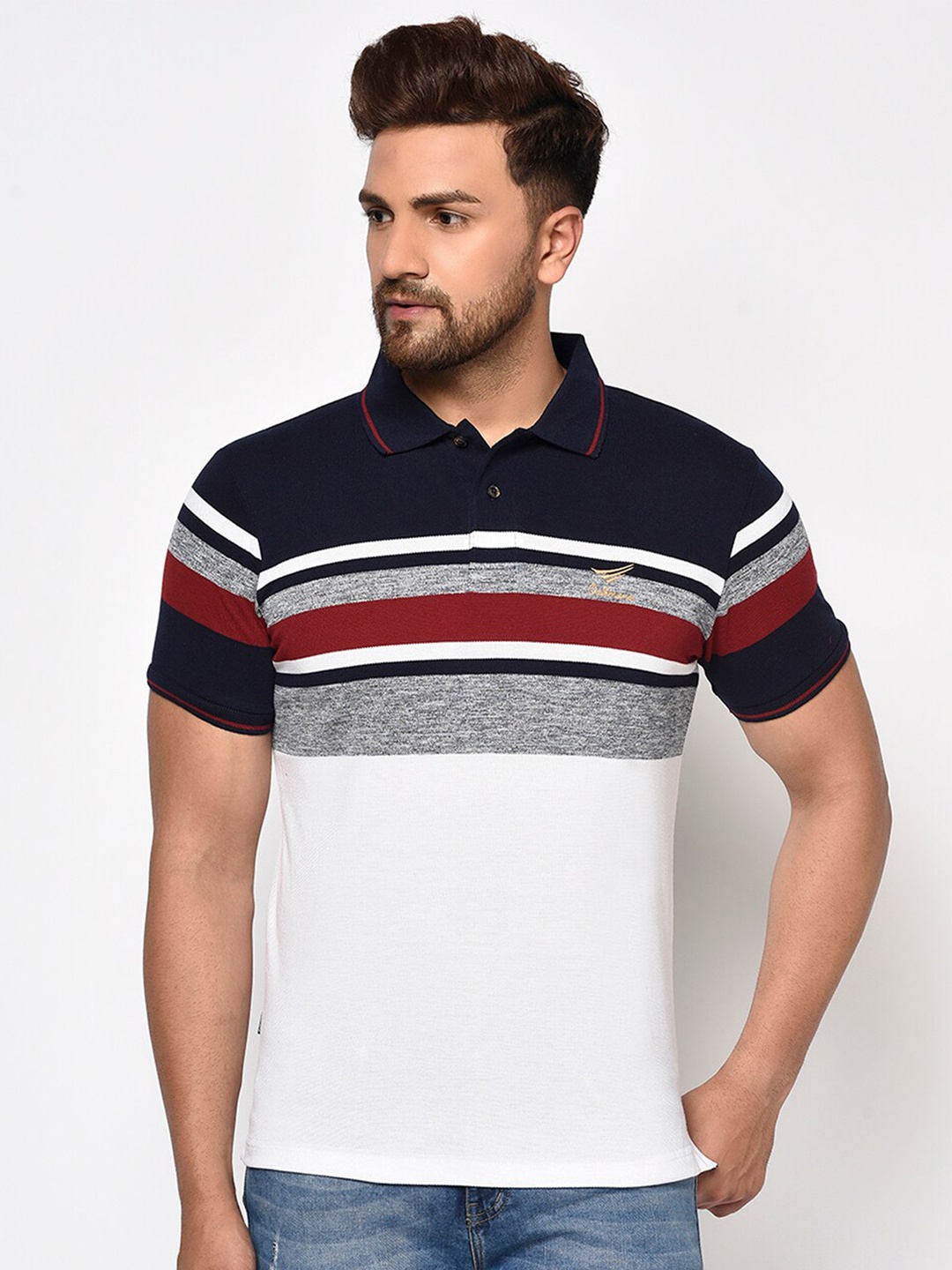 

Oakmans Men Grey Striped Polo Collar T-shirt
