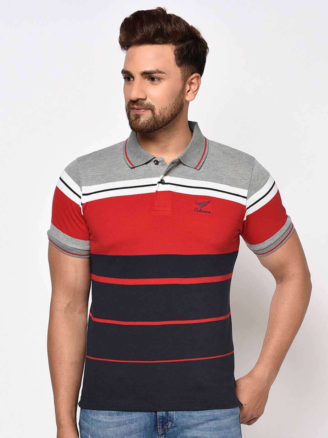 

Oakmans Men Red Striped Polo Collar T-shirt