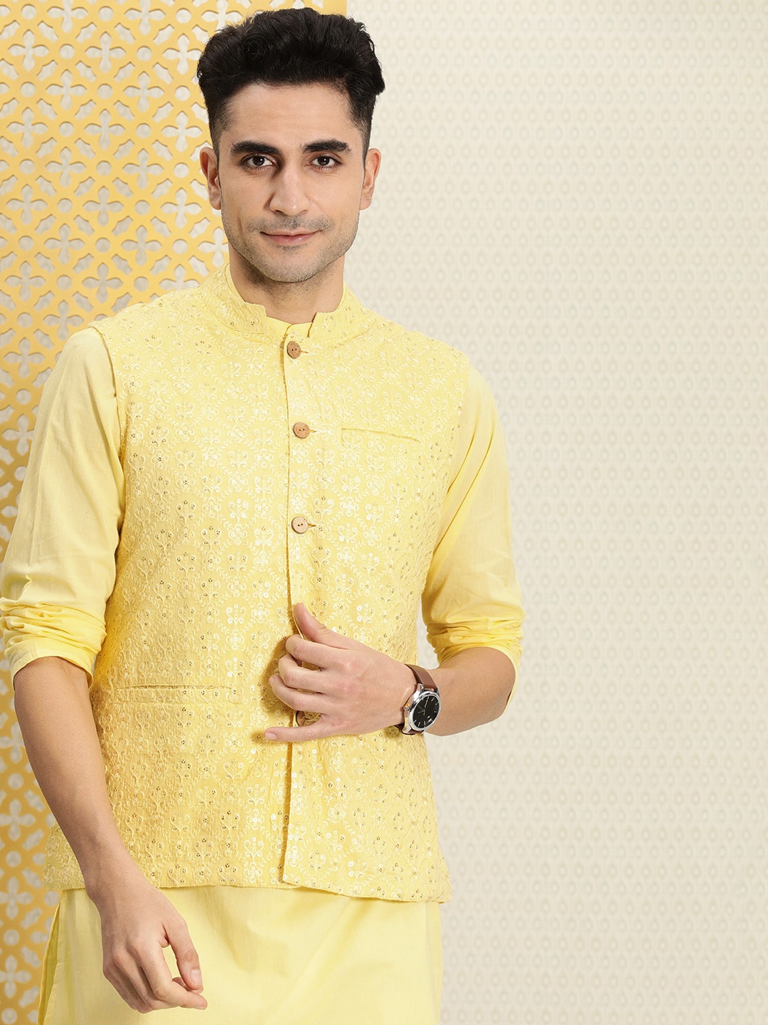 

House of Pataudi Men Yellow Sequinned Pure Cotton Kurta Churidar Set With Nehru Jacket
