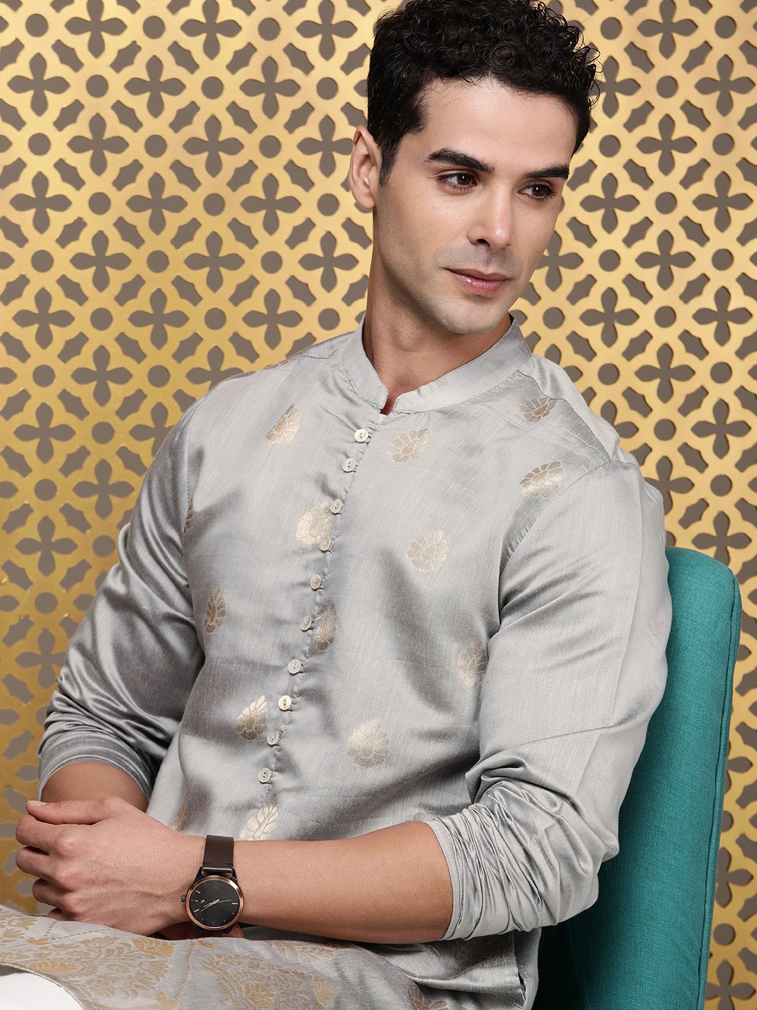 

House of Pataudi Woven Design Jashn Kurta, Grey