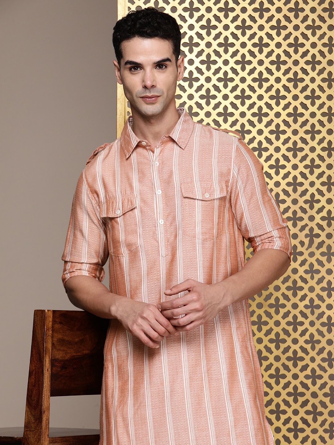 

House of Pataudi Jashn Striped Kurta with Salwar, Peach