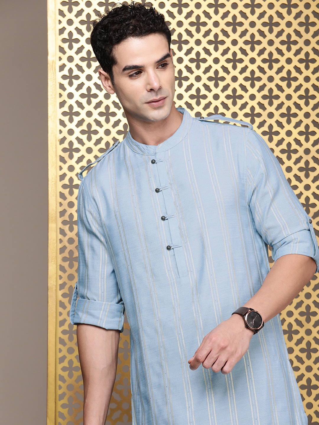 

House of Pataudi Striped Pathani Jashn Kurta, Blue
