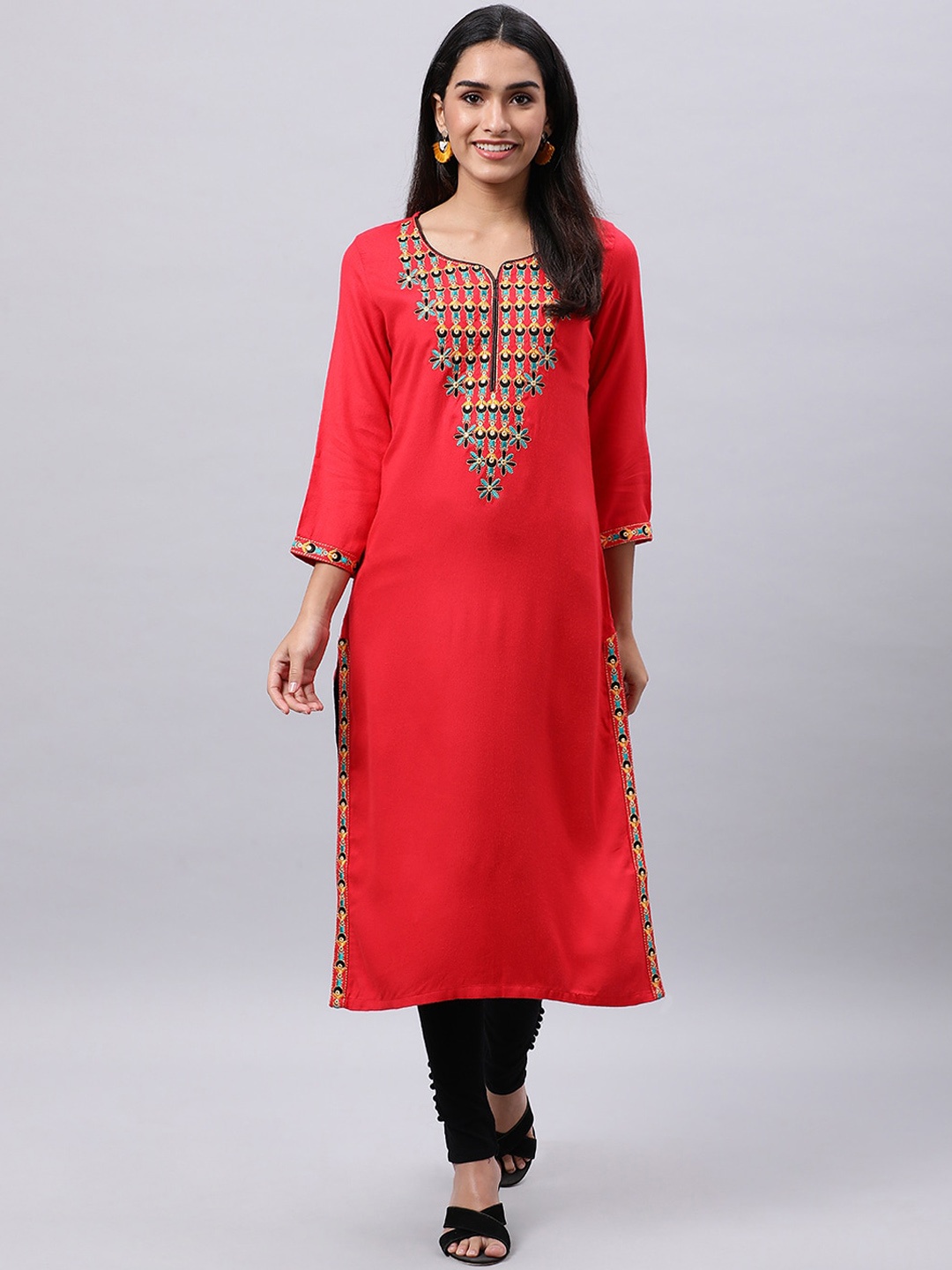

Souchii Women Red Yoke Design Thread Work Grandeur & Majestic Artwork Kurta