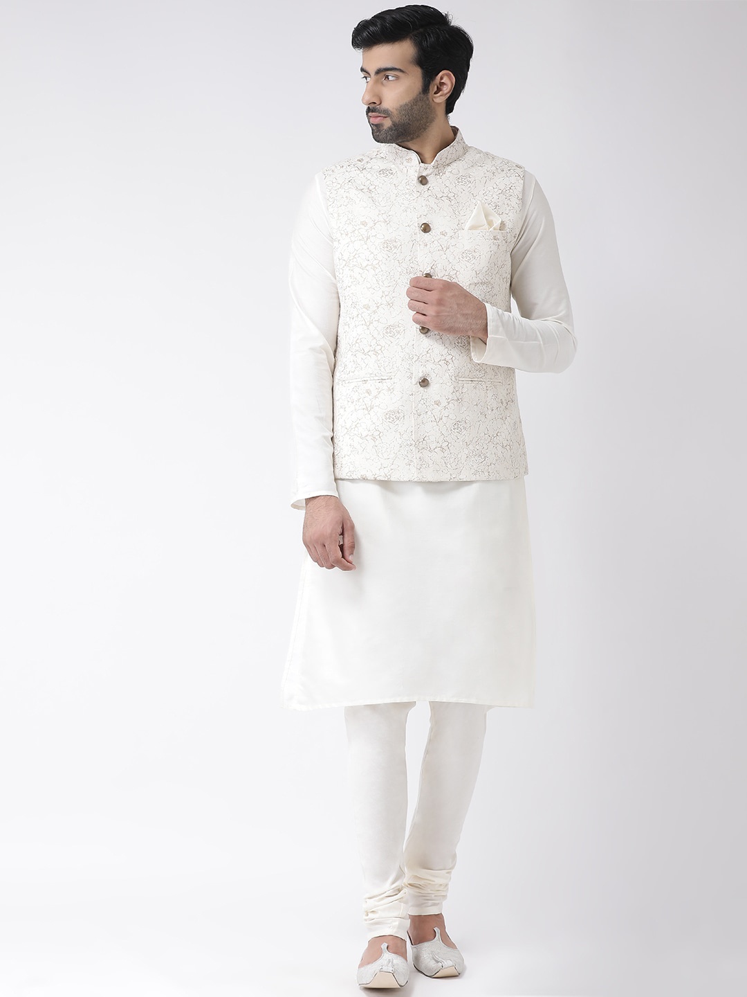 

KISAH Men White Cotton Blend Kurta with Churidar & Jacket