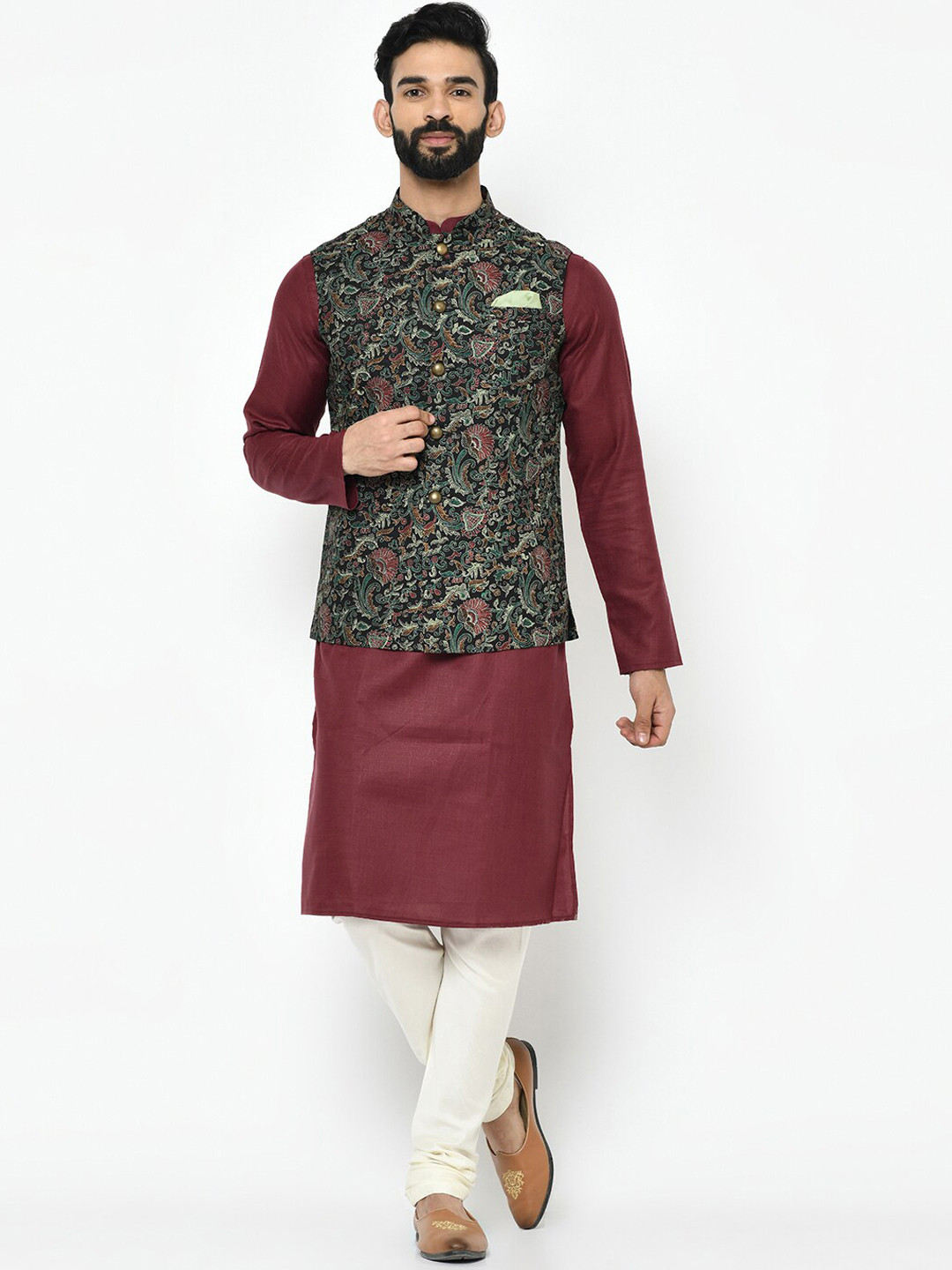 

KISAH Men Maroon & White Kurta with Churidar & With Nehru Jacket