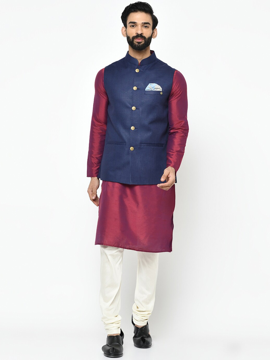 

KISAH Men Maroon Kurta with Pyjama and Navy Blue Nehru Jacket