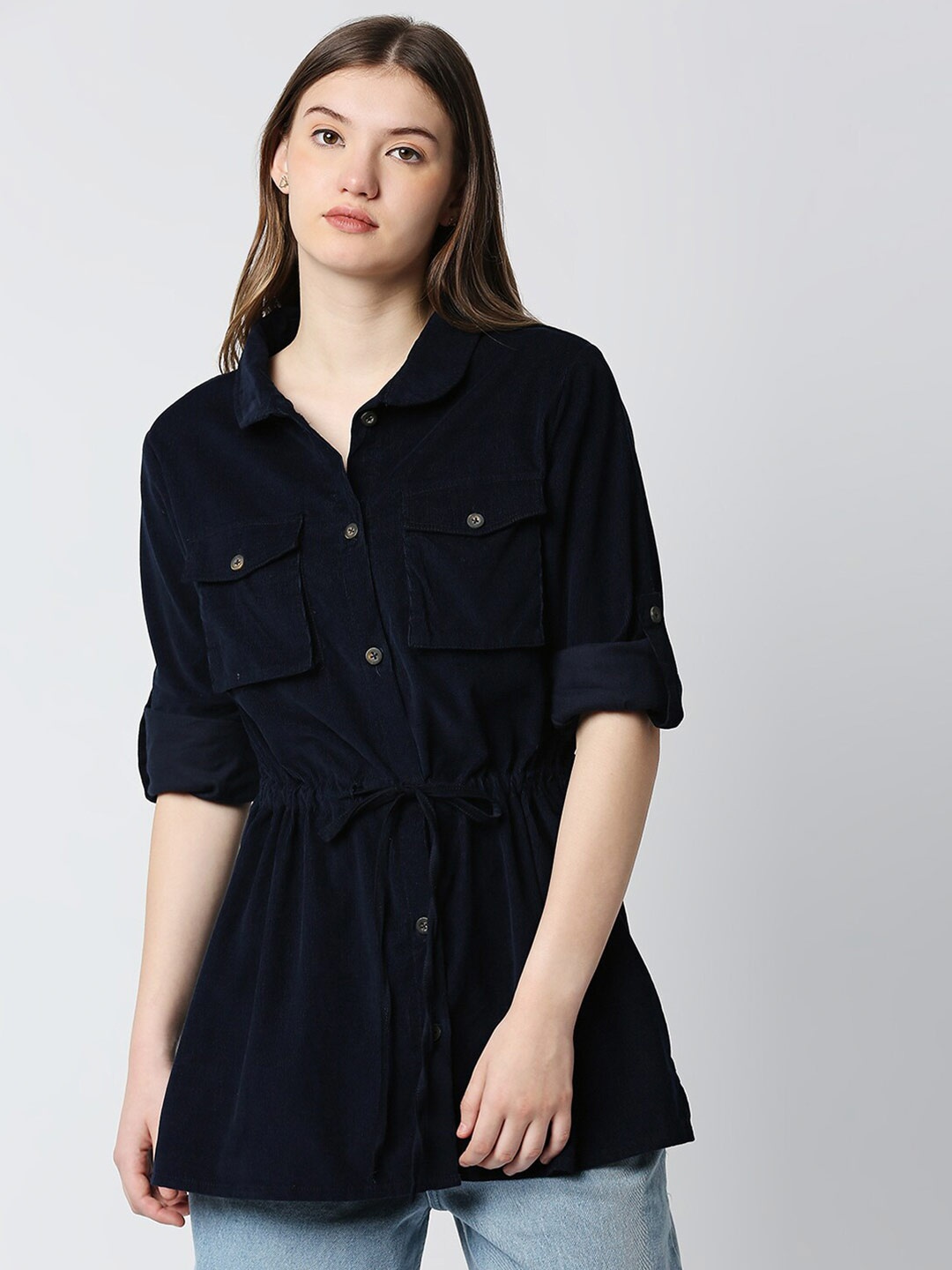 

Disrupt Women Navy Blue Comfort Boxy Casual Shirt, Brown