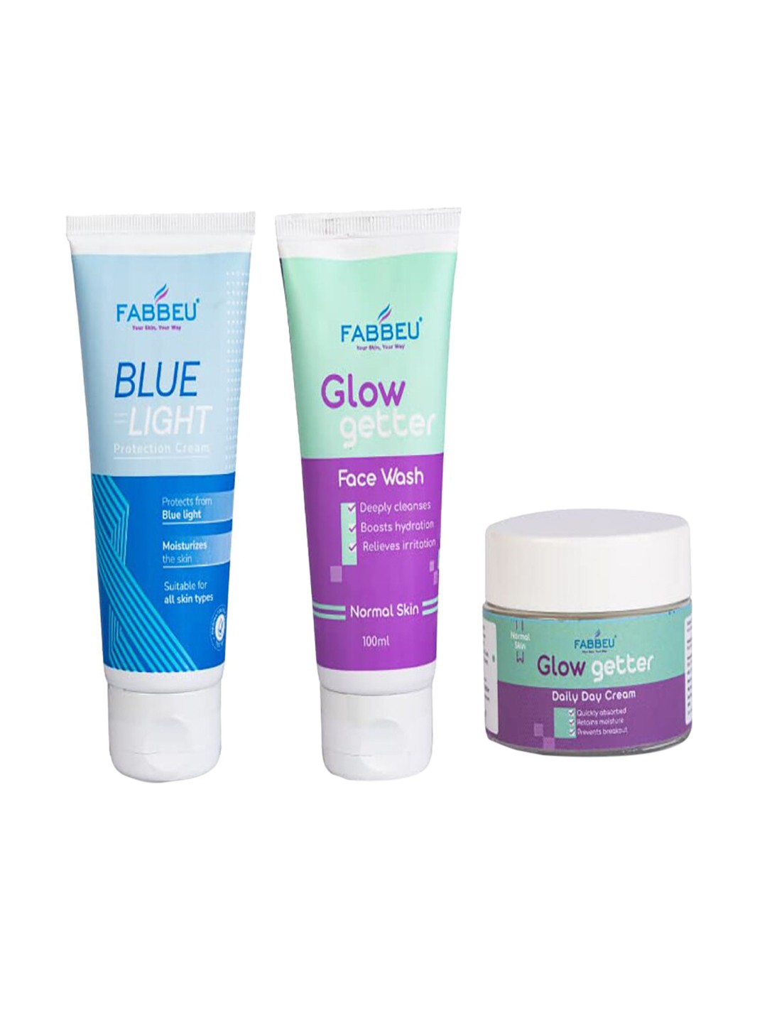 

FABBEU Bluelight Cream 100 g + Glow Getter Facewash 100 ml + Glow Getter Day Cream 50 g, Blue