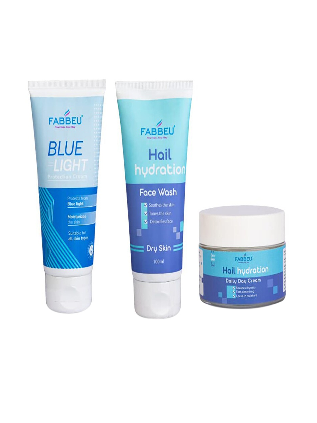 

FABBEU Hail Hydration Facewash 100 ml + Daily Day Cream 50 g + Bluelight Face Cream 100 g, Blue