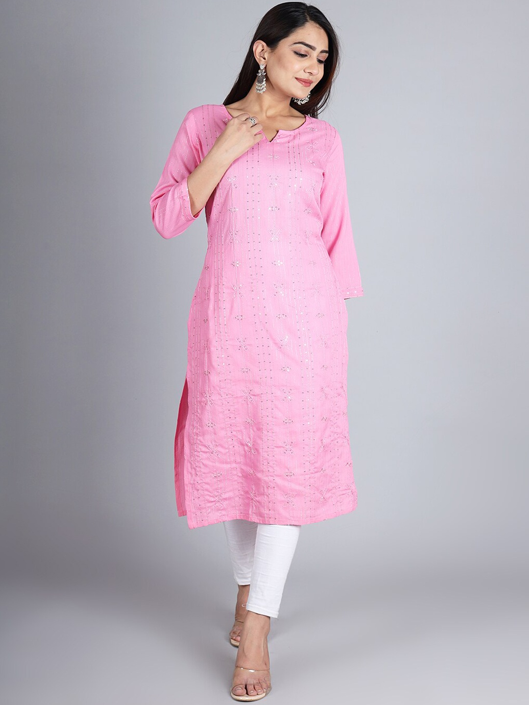 

IkDaiya Women Pink Embroidered Sequins Straight Kurta