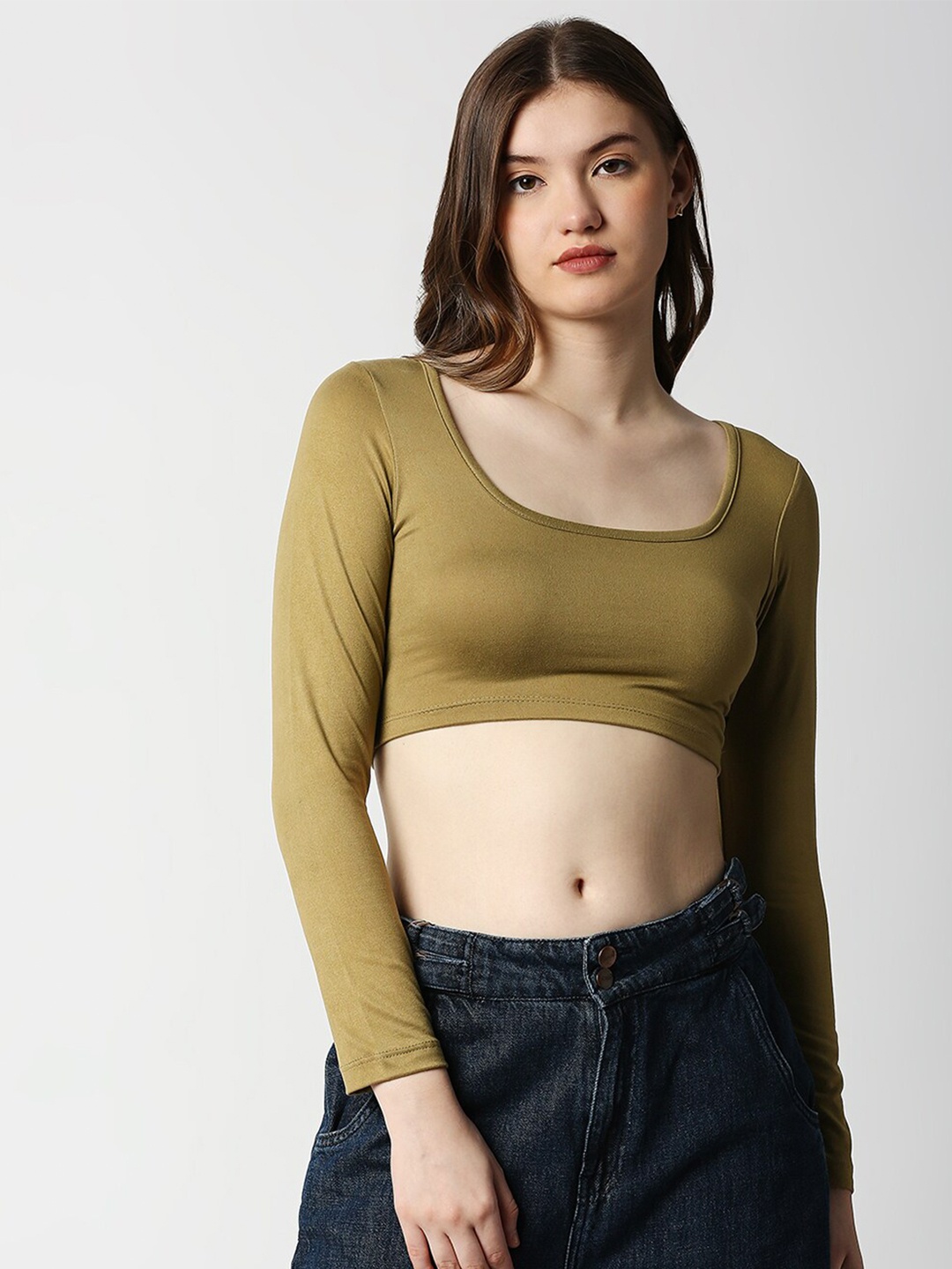 

Disrupt Beige Classy Long Sleeve Slim Fit Crop Top