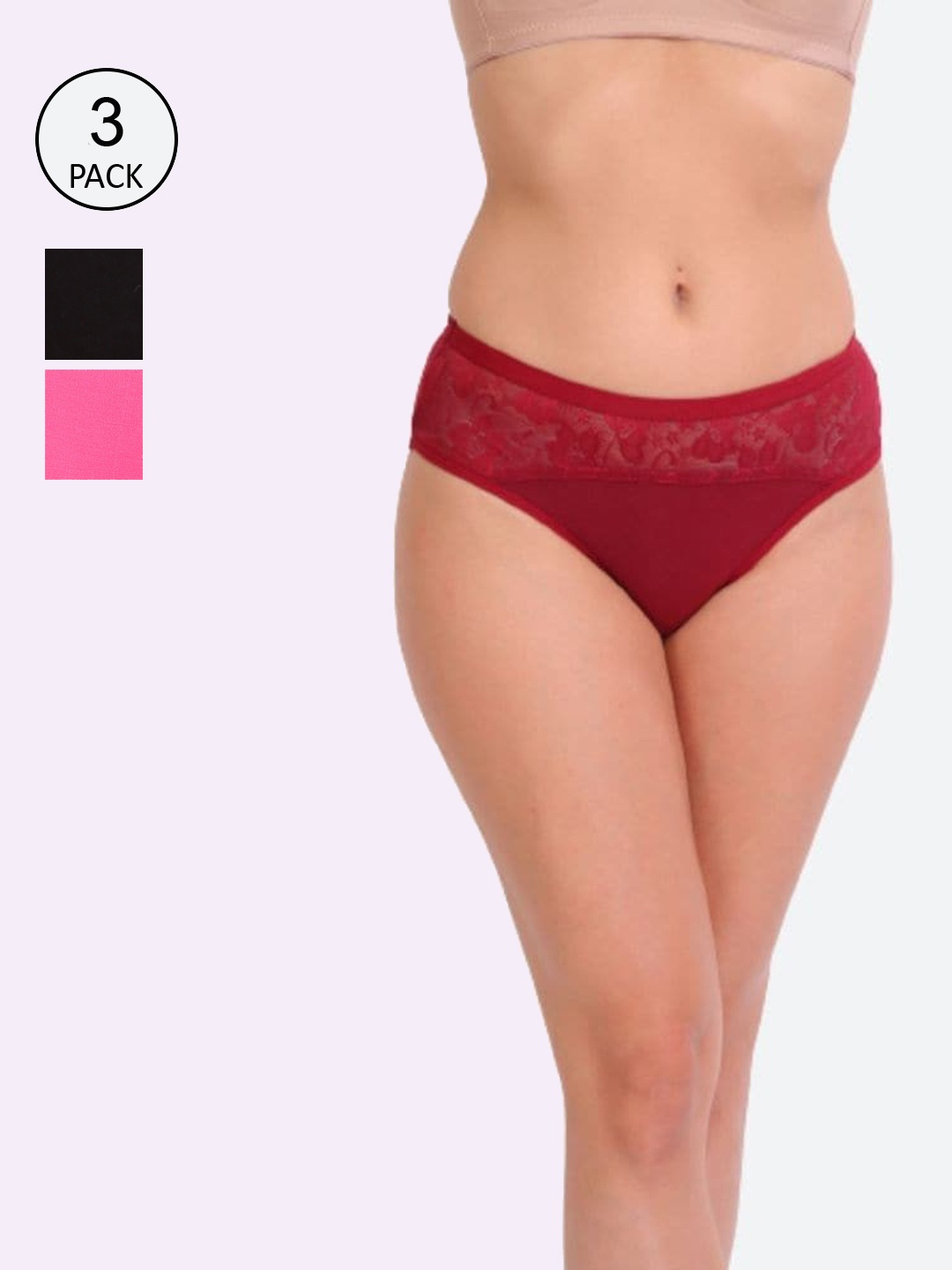 

Innocence Women Pack Of 3 Floral Printed Hipster Briefs, Maroon