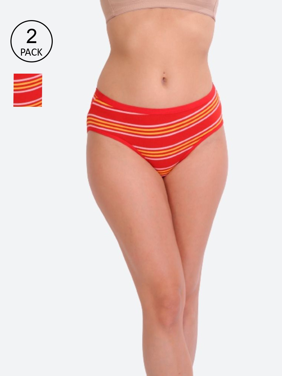 

Innocence Women Pack Of 2 Striped Printed Cotton Hipster Briefs, Orange