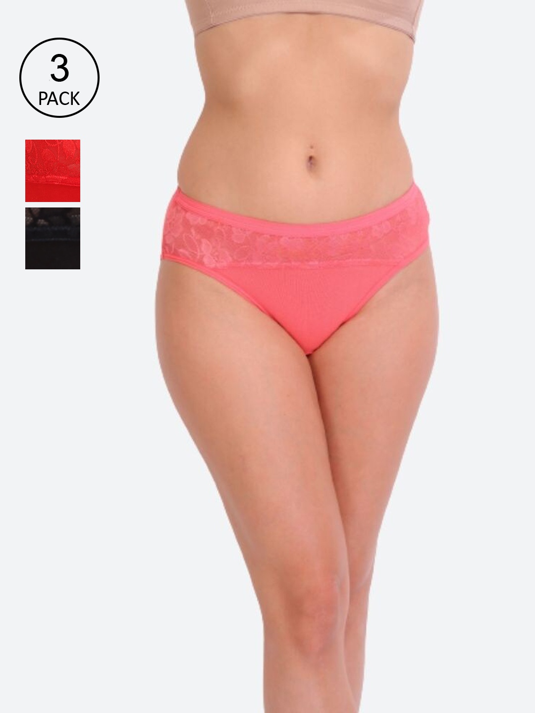 

Innocence Pack of 3 Pink & Black Self Design Bikini BBAPLIN91063_S