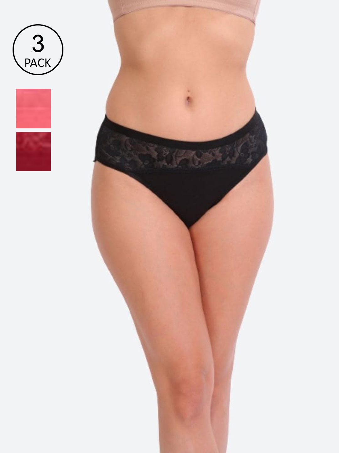 

Innocence Women Pack Of 3 Floral Printed Hipster Cotton Briefs, Black
