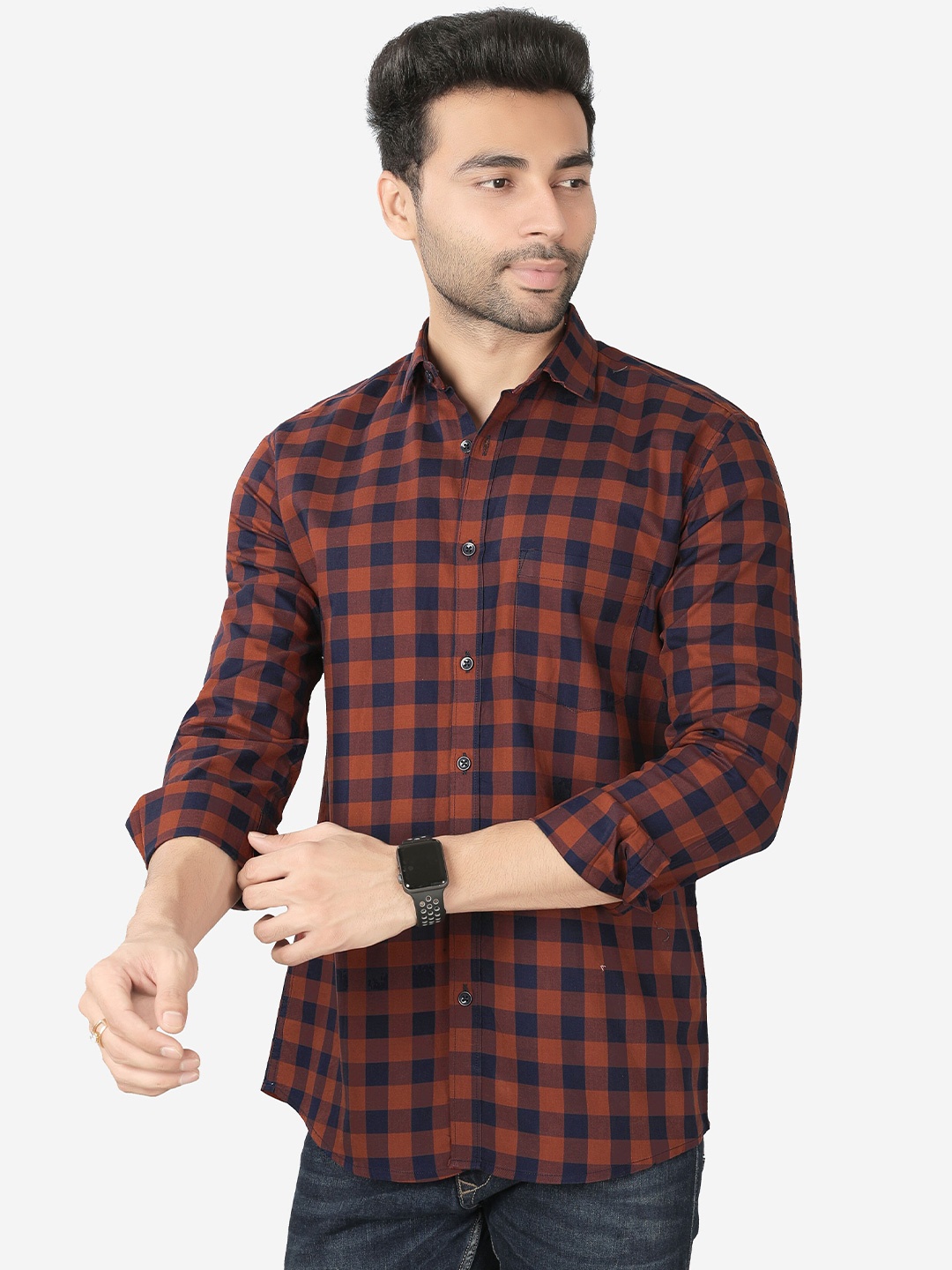 

5TH ANFOLD Men Orange Slim Fit Checked Casual Shirt