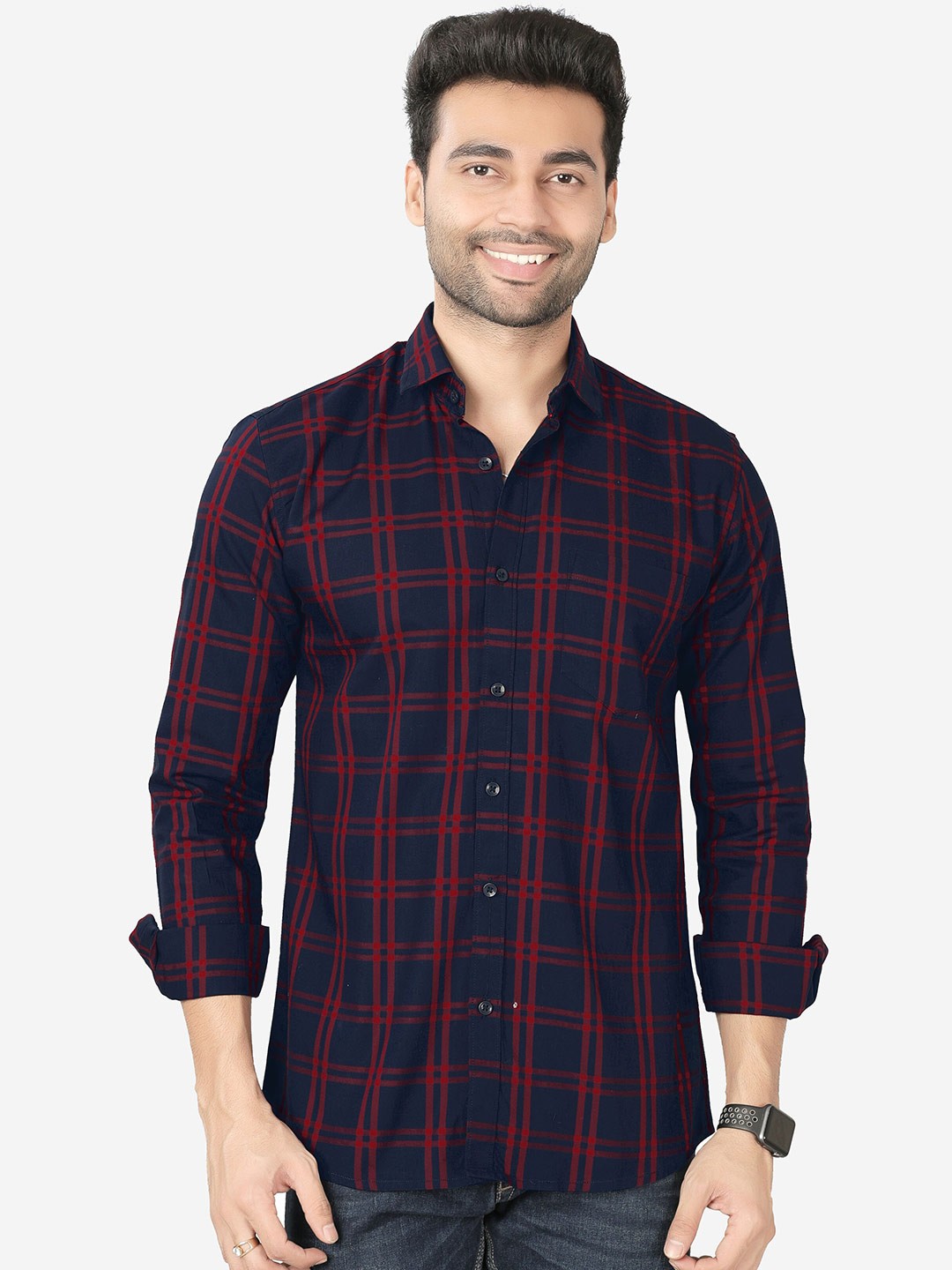 

5TH ANFOLD Men Navy Blue Slim Fit Checked Casual Shirt