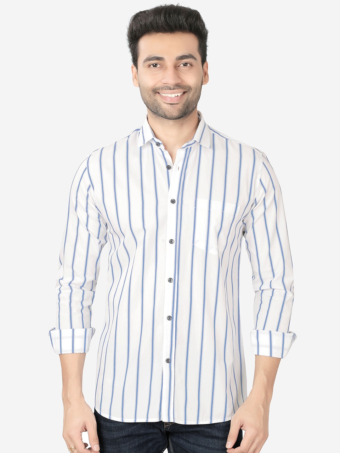 

5TH ANFOLD Men White Slim Fit Striped Casual Shirt