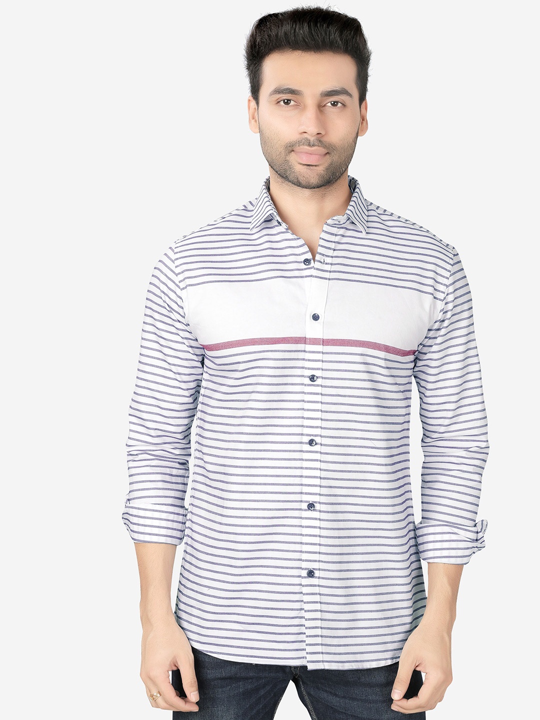 

5TH ANFOLD Men White Slim Fit Horizontal Stripes Striped Casual Shirt