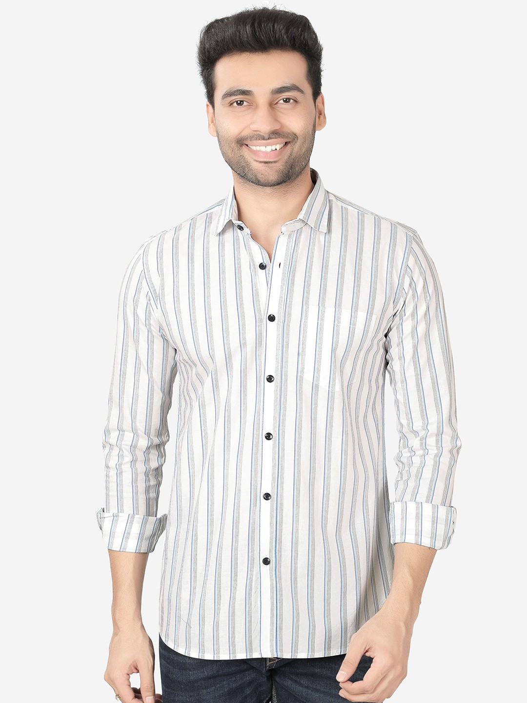 

5TH ANFOLD Men White Slim Fit Striped Casual Shirt