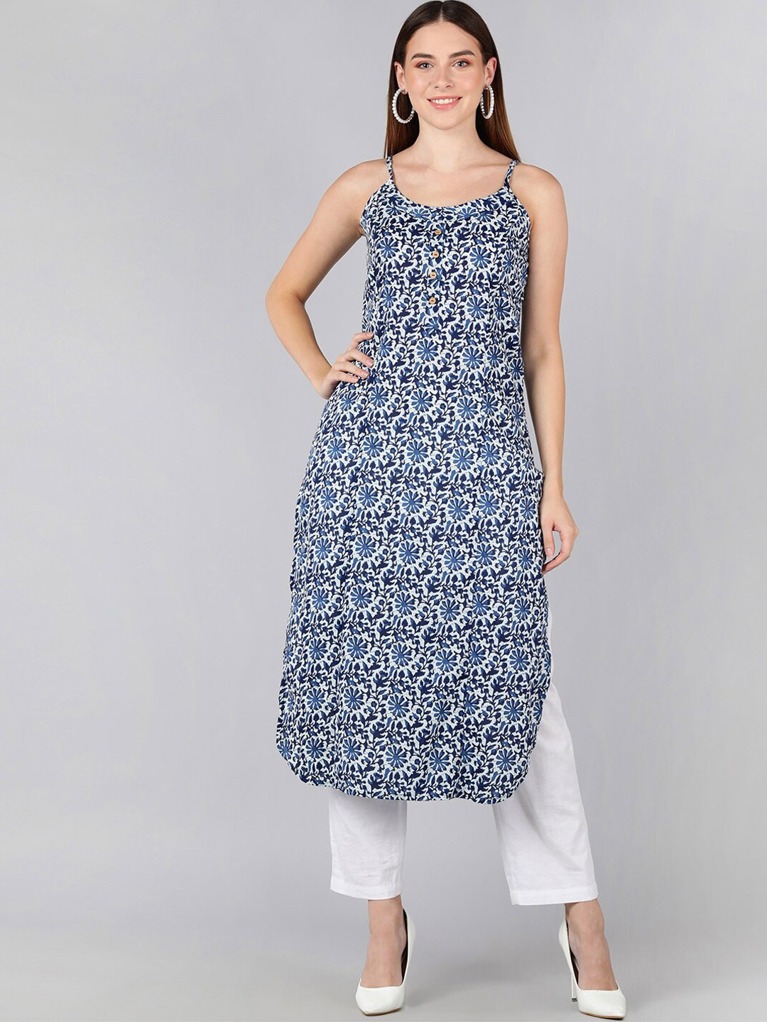 

ZNX Clothing Women White & Navy Blue Floral Printed Kurta